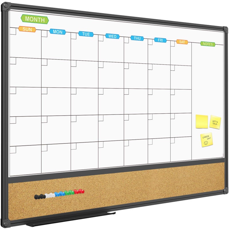 JILoffice Magnetic Calendar Whiteboard & Bulletin Corkboard Combination, Combo Board 36 x 24 Inch, Black Aluminum Frame Wall Mounted Board for Office Home and School with 10 Push Pins - Image 1